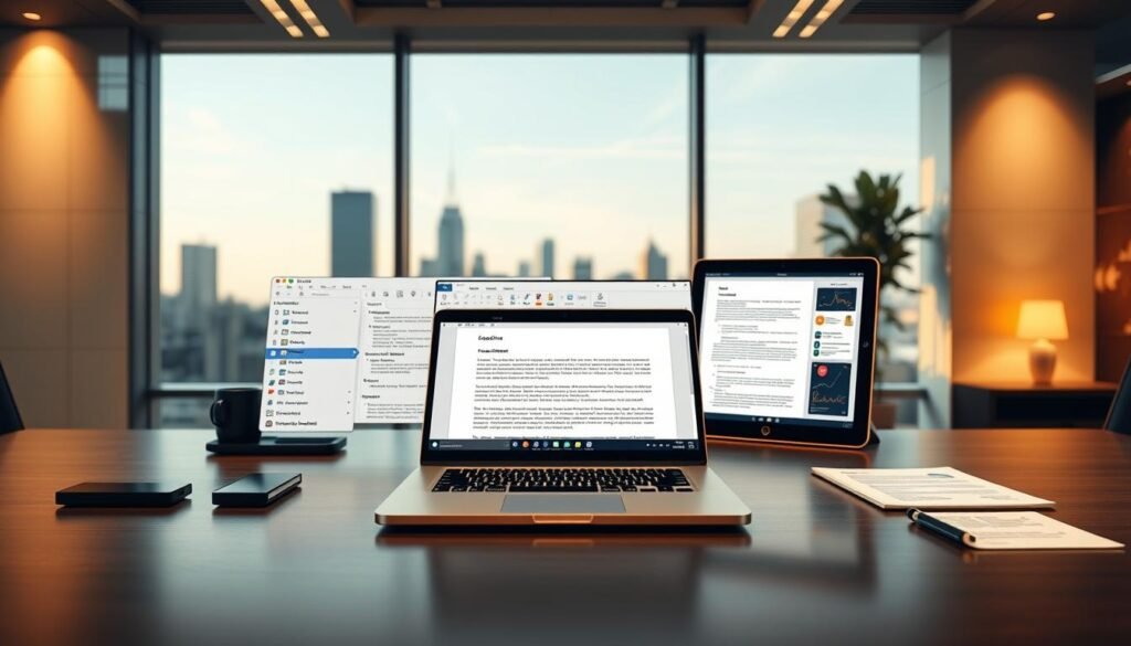 A sleek, modern office setting with a large desk showcasing a Foxit PDF Editor interface. In the foreground, various PDF editing tools are prominently displayed, including options for annotating, highlighting, and adding signatures. The middle ground features a laptop and a tablet, both open to the PDF Editor, demonstrating its cross-device compatibility. The background subtly depicts a cityscape through a window, conveying a professional, productive atmosphere. The lighting is warm and focused, emphasizing the intuitive, user-friendly design of the software. The overall scene captures the key features of the Foxit PDF Editor in a visually compelling and informative manner. A sleek, modern office setting with a large desk showcasing a Foxit PDF Editor interface. In the foreground, various PDF editing tools are prominently displayed, including options for annotating, highlighting, and adding signatures. The middle ground features a laptop and a tablet, both open to the PDF Editor, demonstrating its cross-device compatibility. The background subtly depicts a cityscape through a window, conveying a professional, productive atmosphere. The lighting is warm and focused, emphasizing the intuitive, user-friendly design of the software. The overall scene captures the key features of the Foxit PDF Editor in a visually compelling and informative manner.