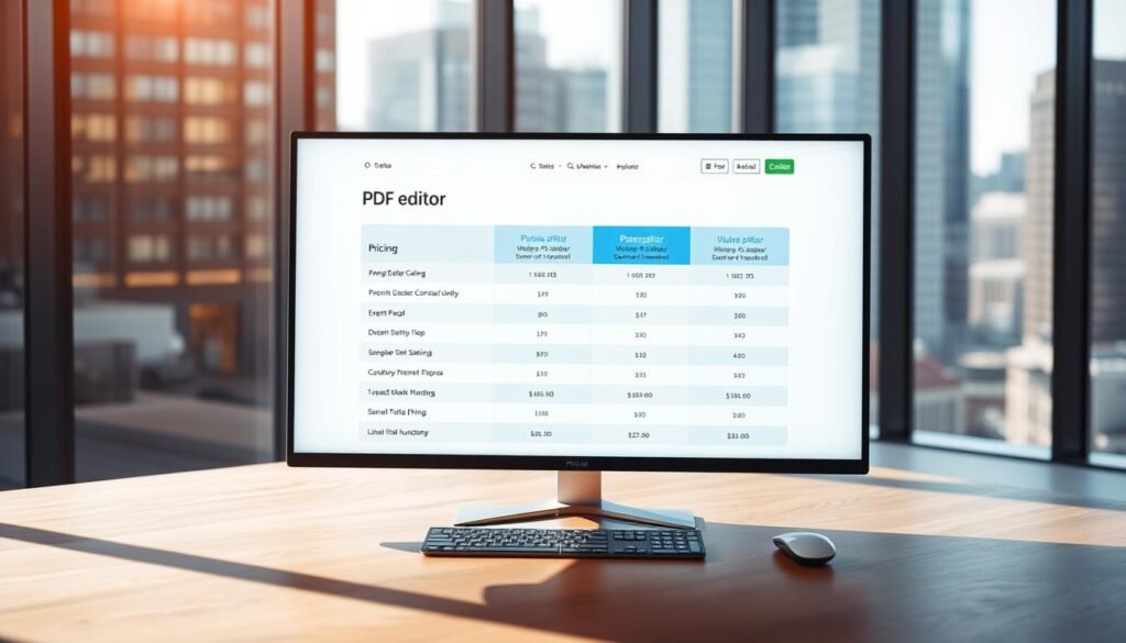 A sleek, modern office setting with a large flat-screen monitor displaying a PDF editor pricing table. The monitor is placed on a minimalist, wooden desk, with a keyboard and mouse nearby. The background features a blurred cityscape through a large window, conveying a sense of professionalism and productivity. The lighting is soft and natural, creating a warm and inviting atmosphere. The pricing table is neatly organized, showcasing various subscription plans and their corresponding features and costs, presented in a clear and visually appealing manner. A sleek, modern office setting with a large flat-screen monitor displaying a PDF editor pricing table. The monitor is placed on a minimalist, wooden desk, with a keyboard and mouse nearby. The background features a blurred cityscape through a large window, conveying a sense of professionalism and productivity. The lighting is soft and natural, creating a warm and inviting atmosphere. The pricing table is neatly organized, showcasing various subscription plans and their corresponding features and costs, presented in a clear and visually appealing manner.