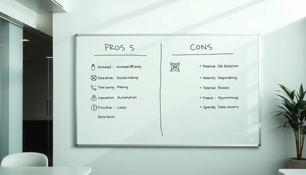 A sleek, modern office setting with a large whiteboard on the wall. On the whiteboard, a visual representation of the pros and cons of AI-driven tools, using simple yet impactful icons and minimal text. The pros are depicted on the left side, with icons representing increased efficiency, data-driven decision making, and time-saving automation. The cons are on the right, with icons for potential job displacement, algorithmic bias, and data privacy concerns. The lighting is bright and natural, creating a professional and informative atmosphere. The camera angle is slightly elevated, giving a clear view of the whiteboard and the surrounding workspace. A sleek, modern office setting with a large whiteboard on the wall. On the whiteboard, a visual representation of the pros and cons of AI-driven tools, using simple yet impactful icons and minimal text. The pros are depicted on the left side, with icons representing increased efficiency, data-driven decision making, and time-saving automation. The cons are on the right, with icons for potential job displacement, algorithmic bias, and data privacy concerns. The lighting is bright and natural, creating a professional and informative atmosphere. The camera angle is slightly elevated, giving a clear view of the whiteboard and the surrounding workspace.