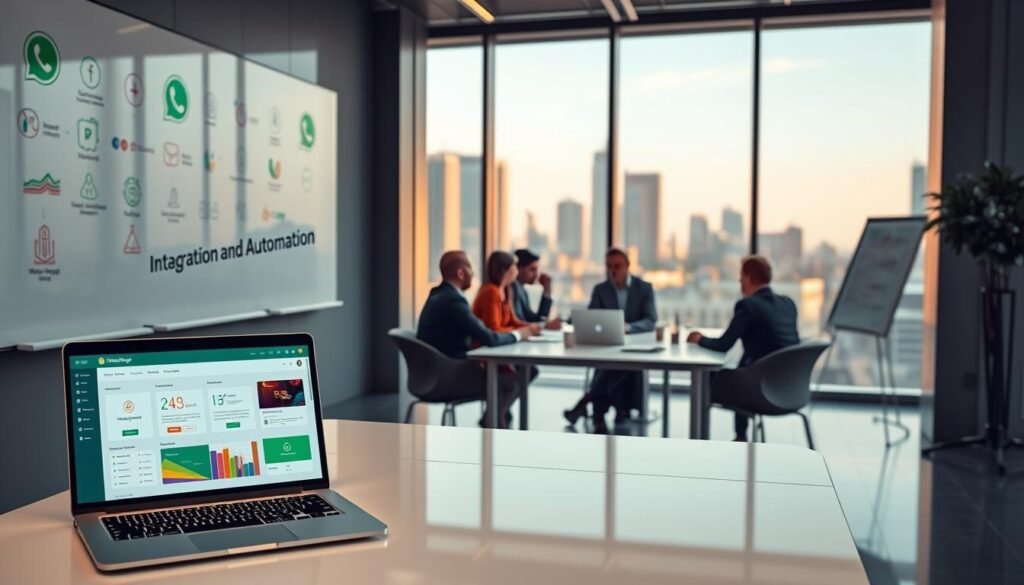 A sleek, modern office setting with a large whiteboard showcasing various WhatsApp integration and automation icons and diagrams. In the foreground, a laptop displays a WhatsApp Business API dashboard, with colorful data visualizations and workflow automation tools. The middle ground features a team of professionals collaborating around a conference table, discussing integration strategies and optimizing business messaging solutions. The background depicts a cityscape through floor-to-ceiling windows, bathed in warm, natural lighting that filters through. The overall mood is one of efficiency, productivity, and technological innovation.