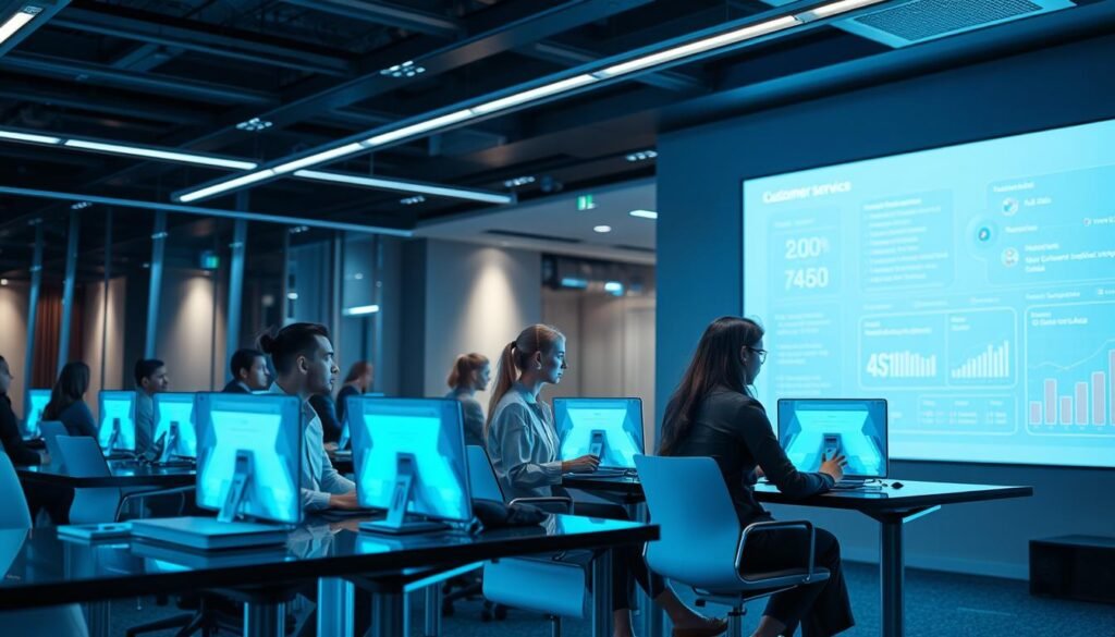 A sleek, modern office setting with a team of AI-powered customer support agents assisting clients. In the foreground, a group of diverse professionals seated at stylish desks, focused on their holographic interfaces and seamlessly guiding customers through inquiries. Subtle neon accents and a cool, blue-tinted lighting create an atmosphere of efficiency and technological sophistication. In the background, a large, minimalist video wall displays real-time data analytics and customer satisfaction metrics, underscoring the advanced capabilities of the AI-driven customer service solution. The scene conveys a sense of seamless, hyper-personalized support that enhances the overall customer experience. A sleek, modern office setting with a team of AI-powered customer support agents assisting clients. In the foreground, a group of diverse professionals seated at stylish desks, focused on their holographic interfaces and seamlessly guiding customers through inquiries. Subtle neon accents and a cool, blue-tinted lighting create an atmosphere of efficiency and technological sophistication. In the background, a large, minimalist video wall displays real-time data analytics and customer satisfaction metrics, underscoring the advanced capabilities of the AI-driven customer service solution. The scene conveys a sense of seamless, hyper-personalized support that enhances the overall customer experience.