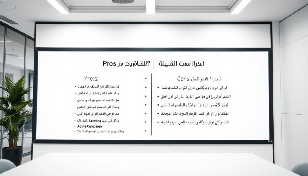 A sleek, modern office workspace with a large whiteboard on the wall. On the whiteboard, a list of "Pros" and "Cons" for ActiveCampaign is written in Arabic, showcasing the key advantages and disadvantages of the marketing platform. The lighting is bright and even, creating a professional and analytical atmosphere. The camera angle is slightly elevated, giving a sense of overview and objectivity. The background is blurred, keeping the focus on the whiteboard and its contents. The overall tone is informative and evaluative, reflecting the subject of the article section.