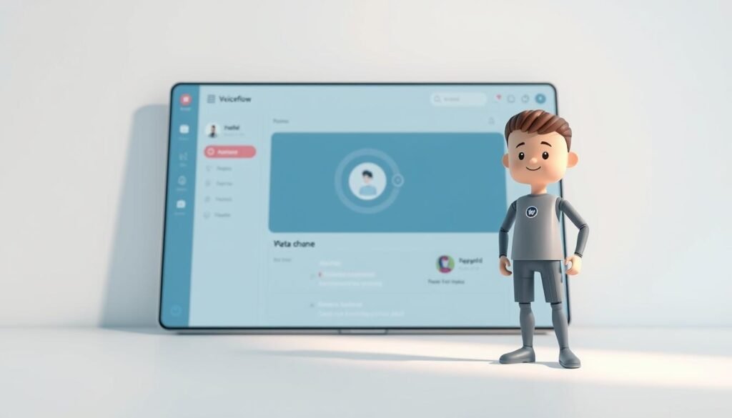 A sleek, modern platform called Voiceflow, set against a minimalist background. The platform's interface features clean lines, intuitive controls, and a serene color palette. In the foreground, a virtual assistant avatar stands ready to assist, its expression warm and inviting. Soft, diffused lighting creates a sense of depth and atmosphere, while the angle suggests a user's perspective, immersed in the seamless experience of Voiceflow. This image captures the essence of a sophisticated, user-friendly AI solution, perfectly suited to illustrate the "بدائل CustomGPT" section of the article.