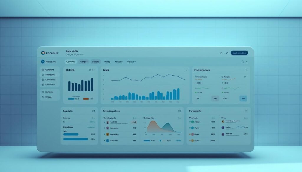 A sleek, modern sales pipeline visualization tool, rendered in a cool, minimalist color palette. The foreground features a clean, intuitive dashboard with dynamic charts, graphs, and data visualizations that provide a comprehensive overview of the sales pipeline. The middle ground showcases customizable widgets and tools for managing leads, tracking conversions, and forecasting sales. In the background, a subtle grid pattern and muted gradients create a sense of depth and structure, complementing the professional, business-oriented aesthetic. Lighting is soft and indirect, casting a gentle glow across the interface. The overall composition conveys a sense of efficiency, clarity, and data-driven decision-making.