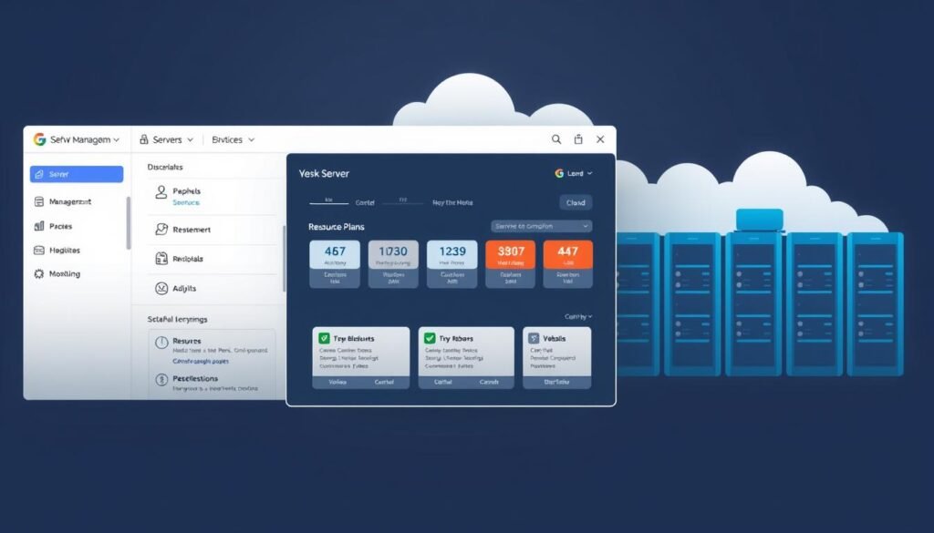 A sleek, modern server control panel with a clean, minimalist interface. In the foreground, various server management options are displayed, including user management, website hosting, and resource monitoring. The middle ground showcases different server configurations and hosting plans, hinting at the flexibility and scalability of the solution. In the background, a stylized server rack or cloud infrastructure symbolizes the powerful computing resources at the user's fingertips. The overall scene conveys a sense of efficiency, control, and seamless server administration, positioning the alternative as a worthy Plesk competitor.