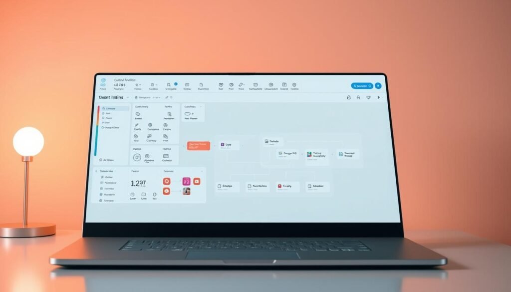 A sleek, modern user interface showcasing the key features of a workflow automation platform. The foreground displays a clean, intuitive dashboard with customizable widgets, task management tools, and automated triggers. The middle ground features a visual representation of a workflow, complete with branching logic, decision points, and integrated applications. The background subtly hints at the platform's scalability and cloud-based infrastructure with a subtle grid pattern and abstract shapes. Warm, neutral lighting accentuates the interface's clarity and professionalism, creating a sense of efficiency and productivity. The overall composition conveys the power and versatility of the workflow automation solution.