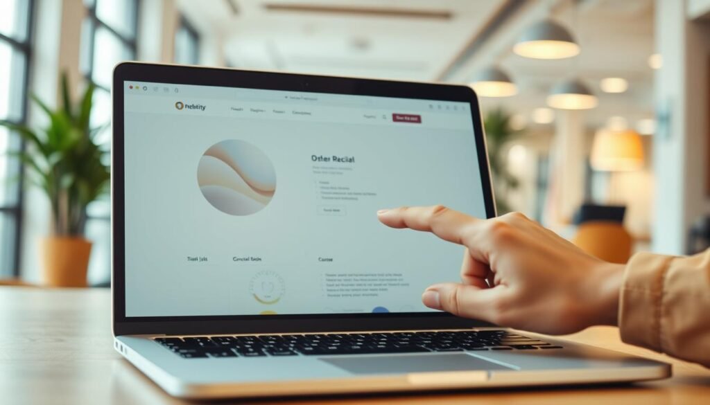 A sleek, modern user interface with an intuitive layout and responsive design. The foreground features a laptop display showcasing a clean, minimalist web application with clear navigation and elegant typography. The middle ground depicts a user's hand interacting with a touchscreen device, highlighting the seamless usability. The background is a softly blurred office environment, conveying a professional, productive atmosphere. Warm, natural lighting creates a welcoming ambiance, while a slightly low camera angle emphasizes the user's comfortable, effortless experience. The overall scene radiates a sense of efficiency, accessibility, and user-centric design.