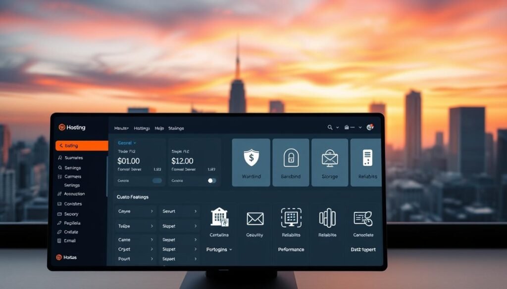 A sleek, modern web hosting control panel with a clean, intuitive interface. The foreground features a display showcasing a variety of customizable hosting features, including server specifications, bandwidth, storage, and email accounts. The middle ground depicts stylized icons representing security, performance, and reliability. In the background, a minimalist cityscape with skyscrapers and a vibrant sunset sky creates a sense of technological sophistication. The overall composition conveys the power and versatility of a professional web hosting solution, with a focus on the key features that empower users to effectively manage their online presence.