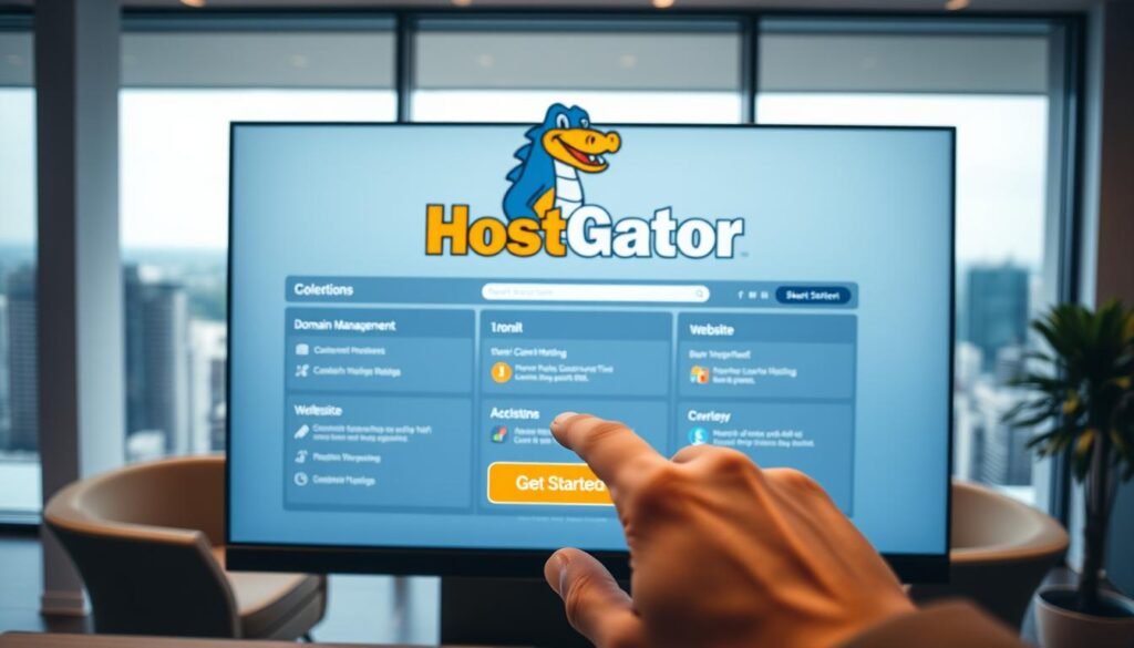A sleek, modern web hosting control panel with the HostGator logo prominently displayed. The interface showcases intuitive navigation, featuring clear sections for domain management, website creation, and other hosting tools. The screen is bathed in a warm, inviting light, creating a professional and trustworthy atmosphere. In the foreground, a hand hovers over the "Get Started" button, emphasizing the ease of onboarding a new website with HostGator's services. The background features a minimalist office setting, with a large window overlooking a cityscape, suggesting the global reach and enterprise-level capabilities of the hosting platform.