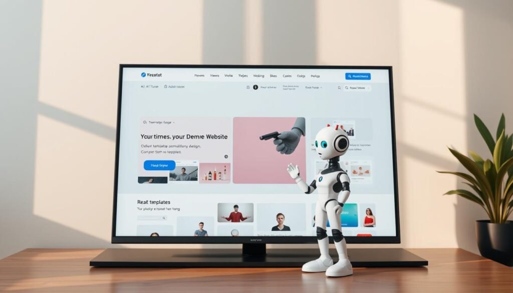 A sleek, modern website builder platform showcased on a high-resolution display, with a clean and intuitive user interface. The foreground features a stylized AI assistant guiding the user through the website creation process, while the background showcases a dynamic array of templates, customization options, and real-time previews. Warm, natural lighting and a minimalist color palette evoke a sense of technological sophistication and ease of use. The overall scene conveys the power and potential of AI-driven web design, hinting at the future of effortless website creation.