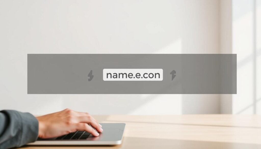 A sleek, modern website transfer interface with a minimalist design. In the foreground, a hands interacting with a laptop, seamlessly transferring a domain name icon. The middle ground features a stylized animated transition, with the domain name elegantly swapping between two hosting providers. The background showcases a clean, bright environment with subtle geometric patterns, conveying efficiency and professionalism. Soft, diffused lighting creates a sense of clarity and focus, emphasizing the simplicity of the domain transfer process. The overall composition communicates the ease and reliability of transferring a domain to Name.com.