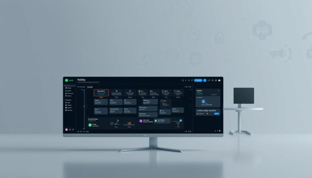 A sleek, modern workflow automation platform set against a minimalist, corporate backdrop. In the foreground, a clean, intuitive user interface showcases a series of customizable workflow modules and automation tools. The middle ground features an array of digital devices and workstations, conveying the platform's seamless integration with various business systems. The background is dominated by a muted, monochromatic palette of greys and blues, creating a professional, enterprise-grade atmosphere. Crisp lighting highlights the platform's streamlined design and futuristic aesthetic, inviting the viewer to imagine the efficient, automated workflows it enables.
