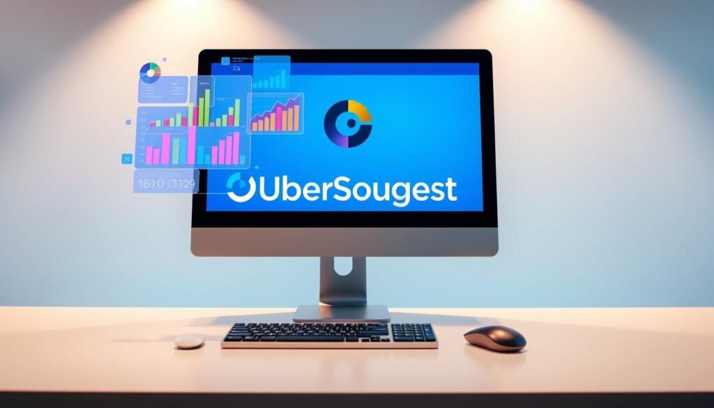 A sleek, modern workspace with a stylized desktop computer monitor displaying the UberSuggest logo. In the foreground, an array of colorful analytics charts and graphs hover above the screen, representing the tool's SEO data insights. The middle ground features a keyboard and mouse, symbolizing user interaction. The background depicts a minimalist, well-lit office setting with clean lines and a subtle texture, creating a professional, technology-driven atmosphere. Soft, directional lighting casts a warm glow, emphasizing the digital tools and workspace. The overall composition conveys the power of UberSuggest to enhance SEO through robust data visualization and user-friendly features.