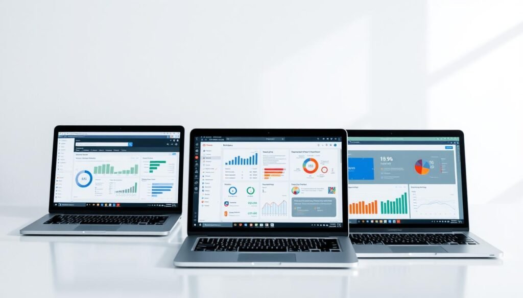 A sleek, professional comparison of leading SEO tools, showcasing their key features and capabilities. The scene depicts a clean, minimalist workspace with multiple laptop screens displaying the user interfaces of diverse search engine optimization platforms. Precise data visualizations, charts, and infographics highlight the unique strengths and differentiators of each tool. Subtle, directional lighting guides the viewer's eye, creating a sense of balance and clarity. The overall mood is one of informed, data-driven decision making, empowering the viewer to make an educated choice in selecting the right SEO solution for their needs.