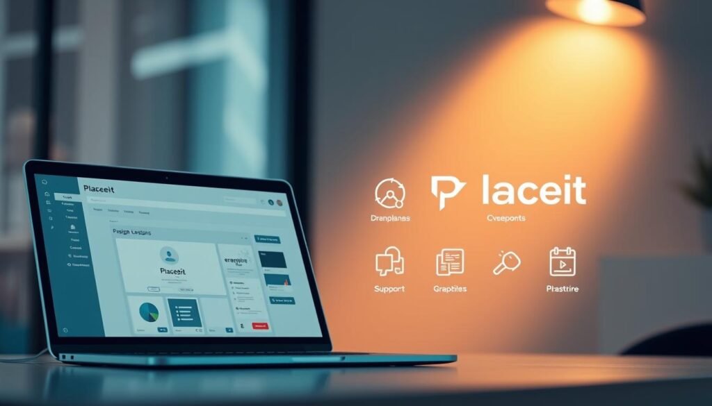 A sleek, visually appealing graphic design suite showcasing the key features of Envato Placeit. In the foreground, a minimalist laptop display highlights Placeit's intuitive design tools and templates. In the middle ground, stylized icons represent Placeit's versatile capabilities, from logo creation to social media graphics. The background features a soft, blurred gradient in Placeit's brand colors, creating a professional, high-tech atmosphere. Subtle lighting from the laptop screen casts a warm glow, emphasizing the modern, streamlined aesthetic. The overall composition conveys Placeit's power as a comprehensive graphic design solution for businesses and individuals.