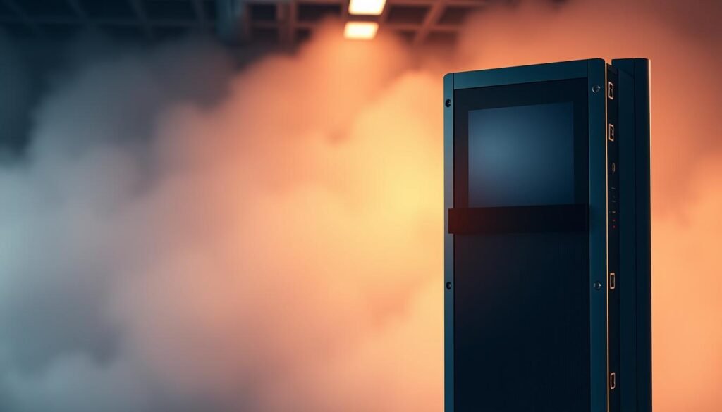 A striking visual representation of the robust performance and security of Cloudways' cloud hosting. A minimalist yet captivating composition, with a sleek, futuristic server rack dominating the foreground, its smooth metallic surfaces reflecting the warm glow of subtle lighting. The rack stands tall against a hazy, out-of-focus background, conveying a sense of reliability and unwavering stability. The overall mood is one of confidence and technological sophistication, perfectly capturing the advanced cloud hosting solutions Cloudways provides.