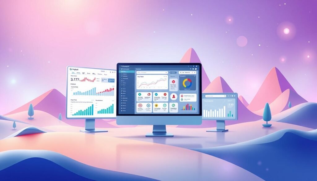 A stylized digital illustration of the key features of the UberSuggest keyword analysis tool. In the foreground, a sleek, modern interface showcases various analytical metrics and insights, displayed on crisp, high-resolution screens. The middle ground features a collection of icons and infographic elements, conveying the tool's comprehensive capabilities - from search volume tracking to competitor analysis. In the background, a vibrant, abstract landscape creates a dynamic, technology-driven atmosphere, complemented by subtle lighting effects and a minimalist color palette. The overall composition should strike a balance between functional design and artistic flair, effectively illustrating the advanced features of the UberSuggest platform.