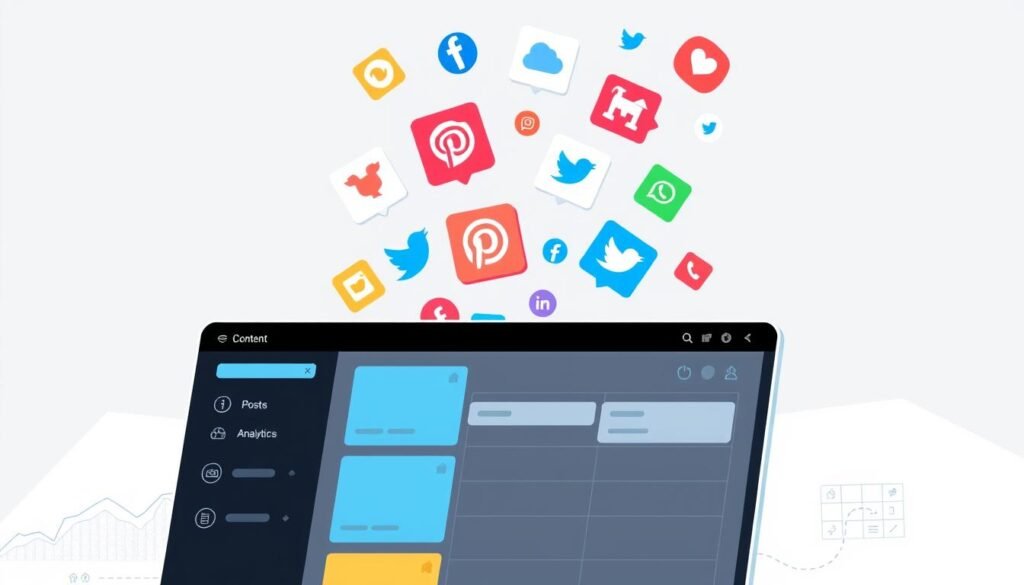 A stylized digital illustration showcasing the process of content scheduling on social media platforms. In the foreground, a minimalist interface with intuitive controls for managing posts, timelines, and analytics. In the middle ground, colorful social media icons and logos floating in a dynamic arrangement. The background features a clean, geometric layout with subtle textures and gradients, conveying a sense of professionalism and efficiency. The overall composition should exude a modern, tech-savvy aesthetic that aligns with the article's focus on Agorapulse's social media management solutions.