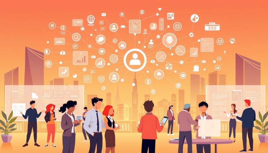 A stylized illustration showcasing the process of lead generation using Apollo.io. In the foreground, a group of diverse business professionals engage with digital interfaces, representing the various features and tools within the platform. The middle ground depicts a network of interconnected data points and customer insights, highlighting Apollo.io's ability to analyze and generate qualified leads. The background features a sleek, futuristic cityscape, symbolizing the technology-driven nature of the platform. The scene is bathed in a warm, vibrant color palette, conveying the efficiency and effectiveness of Apollo.io's lead generation capabilities. The overall composition should strike a balance between the human elements and the advanced technological aspects, reflecting the user-friendly and data-driven nature of the solution.