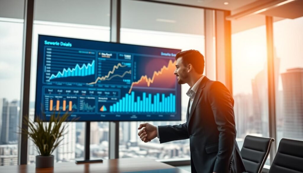 A successful software companies scene with a focus on profitable software deals. In the foreground, two businesspeople shaking hands in a modern office setting, signifying a lucrative software partnership. The middle ground showcases a large display screen highlighting financial analytics and growth metrics, conveying the positive impact of the software deals. The background depicts a cityscape with towering skyscrapers, symbolizing the thriving business landscape enabled by these successful software transactions. The lighting is warm and professional, with a subtle depth of field to draw the viewer's attention to the central figures. The overall mood is one of achievement, progress, and the power of strategic software agreements.