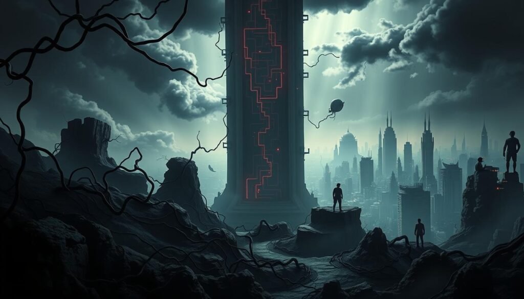 A surreal, heavily stylized landscape depicting the limitations and steep learning curve of the Webydo website builder. In the foreground, a tangled web of complex UI elements and convoluted menus obscures the user's path. The middle ground features a towering, labyrinthine structure representing Webydo's steep learning curve, with disoriented users struggling to navigate its twisting passages. In the hazy background, a dystopian cityscape of half-finished, glitching websites symbolizes the platform's limitations in customization and flexibility. Dramatic lighting casts an ominous, dystopian atmosphere, while a moody color palette of grays, blues, and reds heightens the sense of frustration and complexity.