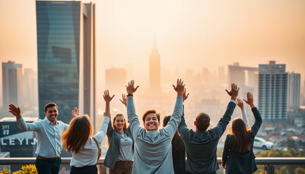 A vibrant and dynamic business landscape, showcasing the success stories of our clients. In the foreground, a group of professionals celebrate their achievements, hands raised in triumph, their expressions radiating pride and accomplishment. In the middle ground, sleek modern office buildings stand tall, embodying the growth and innovation that our services have helped foster. The background is a hazy cityscape, bustling with activity and energy, a testament to the thriving entrepreneurial spirit. Warm, golden lighting casts a celebratory glow, while a sense of motion and dynamism permeates the scene, capturing the essence of our clients' journeys to success. A vibrant and dynamic business landscape, showcasing the success stories of our clients. In the foreground, a group of professionals celebrate their achievements, hands raised in triumph, their expressions radiating pride and accomplishment. In the middle ground, sleek modern office buildings stand tall, embodying the growth and innovation that our services have helped foster. The background is a hazy cityscape, bustling with activity and energy, a testament to the thriving entrepreneurial spirit. Warm, golden lighting casts a celebratory glow, while a sense of motion and dynamism permeates the scene, capturing the essence of our clients' journeys to success.