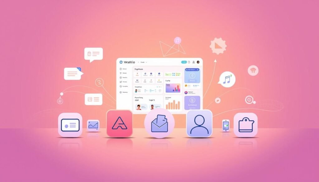 A vibrant and dynamic illustration showcasing the key features of the Wati.io communication platform. In the foreground, a series of sleek, minimalist icons representing the core functionalities - messaging, video calls, file sharing, and more. The middle ground features a clean, elegant dashboard interface, with intuitive controls and data visualizations. In the background, a subtle, abstract pattern suggests the sophisticated technology powering the platform, with a soft, warm color palette evoking a sense of professionalism and reliability. Lighting is natural and balanced, capturing the platform's user-friendly and accessible nature. The overall composition is harmonious, guiding the viewer's eye through the key features in a visually compelling manner.