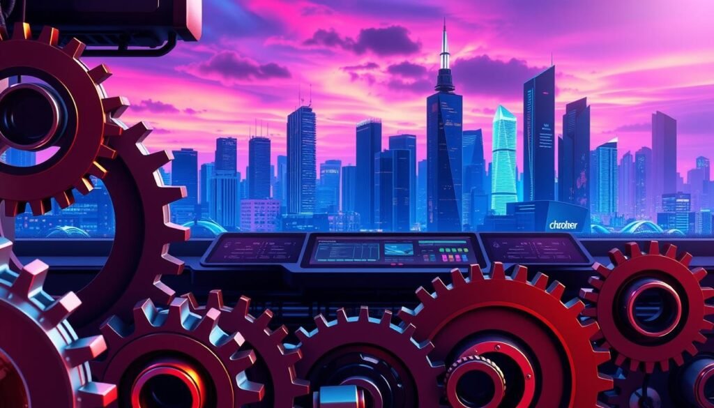 A vibrant and dynamic workflow automation scene, captured in a striking digital illustration. In the foreground, a series of interconnected gears and cogs represent the interlocking components of an efficient automation process. The middle ground features a futuristic control panel, with sleek, minimalist interfaces and glowing status indicators. In the background, a cityscape of towering skyscrapers and a vibrant, neon-tinged sky, evoking a sense of technological progress and innovation. The lighting is dramatic, with contrasting shadows and highlights that accentuate the mechanical elements. The overall tone is one of power, efficiency, and the seamless integration of human and machine.