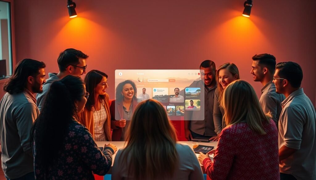 A vibrant and supportive online community gathered around a central digital hub, illuminated by warm lighting and a sense of shared connection. In the foreground, diverse individuals engage in friendly discussions, offering encouragement and advice. The middle ground showcases a sleek, modern social media platform interface, showcasing features that facilitate seamless collaboration and communication. The background depicts a serene, yet inspiring landscape, symbolizing the vast potential of the digital realm to bring people together. The overall atmosphere exudes a feeling of inclusivity, empowerment, and a shared pursuit of personal and professional growth.