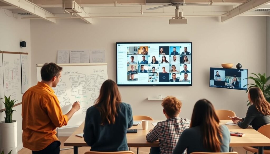 A vibrant, collaborative workspace filled with Miro's intuitive whiteboard tools. In the foreground, a team brainstorms ideas, sketching diagrams and wireframes on a digital canvas. The middle ground showcases Miro's versatile templates for project management, user research, and agile workflows. In the background, a large display projects a real-time, multi-user collaboration session, with participants joining remotely. Soft, natural lighting illuminates the scene, creating a focused yet dynamic atmosphere conducive to innovative thinking and efficient teamwork. A vibrant, collaborative workspace filled with Miro's intuitive whiteboard tools. In the foreground, a team brainstorms ideas, sketching diagrams and wireframes on a digital canvas. The middle ground showcases Miro's versatile templates for project management, user research, and agile workflows. In the background, a large display projects a real-time, multi-user collaboration session, with participants joining remotely. Soft, natural lighting illuminates the scene, creating a focused yet dynamic atmosphere conducive to innovative thinking and efficient teamwork.