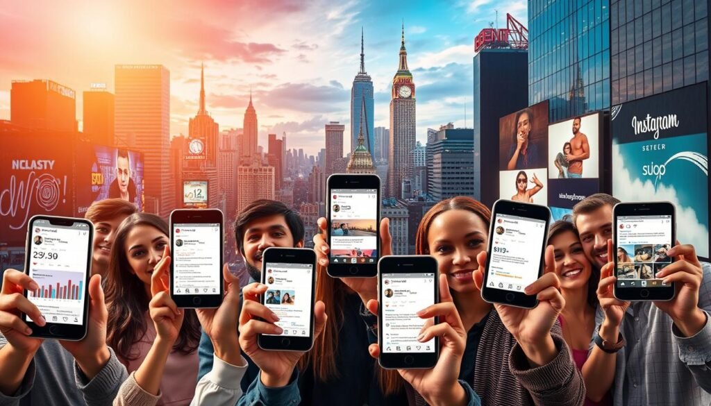 A vibrant collage depicting "Instagram success stories". In the foreground, a group of diverse content creators pose proudly, their mobile devices showcasing their thriving social media profiles. The middle ground features glowing smartphone screens, displaying stylized analytics, follower counts, and engaging posts. In the background, a dynamic cityscape with towering skyscrapers and neon-lit billboards serves as a symbolic representation of the vast digital landscape. Warm lighting casts a golden glow, conveying a sense of accomplishment and inspiration. The overall scene conveys the triumph and excitement of building a successful social media presence.