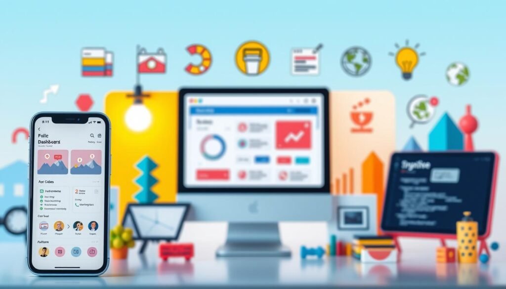 A vibrant collage of successful no-code applications, showcasing their diverse functionalities. In the foreground, a sleek mobile app interface showcases a digital dashboard, seamlessly integrating data visualization and user-friendly interactions. The middle ground features a web-based application with a clean, minimalist design, highlighting its intuitive user experience. In the background, a series of stylized icons representing various industries and use cases, such as e-commerce, project management, and customer relationship management, illustrate the versatility of no-code solutions. The scene is illuminated by a soft, directional light, creating a sense of depth and emphasizing the modern, sophisticated aesthetic. The overall composition conveys the power and accessibility of no-code development, inspiring viewers to explore the possibilities of building their own successful applications without coding.