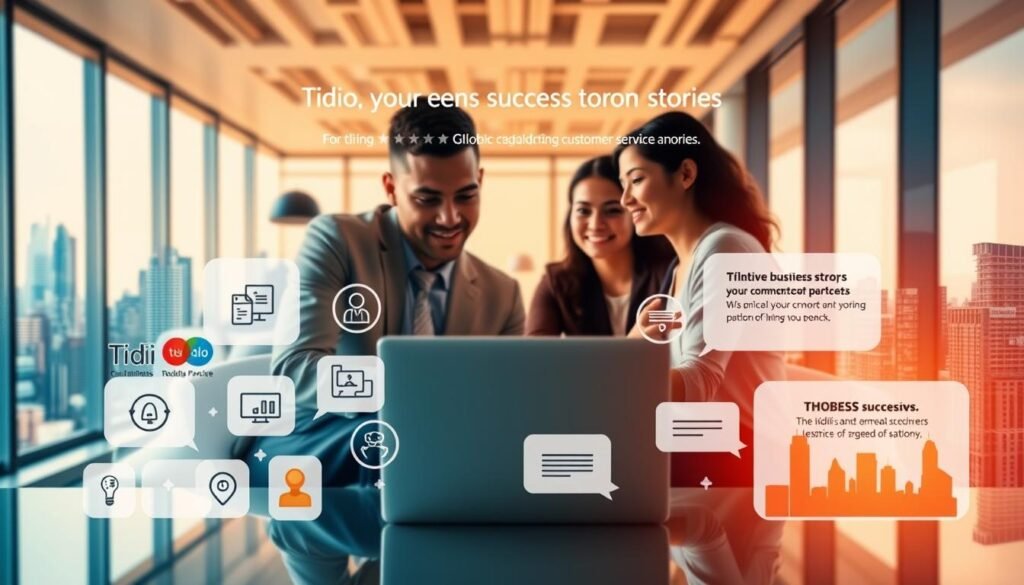 A vibrant collage showcasing the success stories of companies that have leveraged Tidio, the leading live chat platform. In the foreground, a sleek, modern office scene with professionals collaborating around a laptop, demonstrating Tidio's seamless customer service integration. In the middle ground, various stylized icons and graphics representing different business verticals, each with a glowing success story. The background features a dynamic cityscape, hinting at the global reach and impact of these companies' triumphs, all illuminated by warm, diffused lighting that creates a sense of inspiration and optimism. The overall composition conveys the transformative power of Tidio in driving customer satisfaction and business growth. A vibrant collage showcasing the success stories of companies that have leveraged Tidio, the leading live chat platform. In the foreground, a sleek, modern office scene with professionals collaborating around a laptop, demonstrating Tidio's seamless customer service integration. In the middle ground, various stylized icons and graphics representing different business verticals, each with a glowing success story. The background features a dynamic cityscape, hinting at the global reach and impact of these companies' triumphs, all illuminated by warm, diffused lighting that creates a sense of inspiration and optimism. The overall composition conveys the transformative power of Tidio in driving customer satisfaction and business growth.