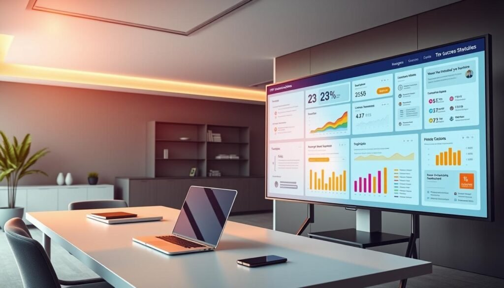 A vibrant, data-driven CRM success stories dashboard set against a sleek, minimalist office environment. The foreground features a large, high-resolution display showcasing eye-catching infographics, client testimonials, and performance metrics. Warm, directional lighting highlights the crisp visuals, casting subtle shadows and creating an atmosphere of professionalism and achievement. In the middle ground, a modern, streamlined desk with a laptop, smartphone, and other office accessories conveys a sense of productivity and real-world application. The background has a clean, elegant decor with muted tones, complementing the dashboard's vivid colors and clear, informative layout.