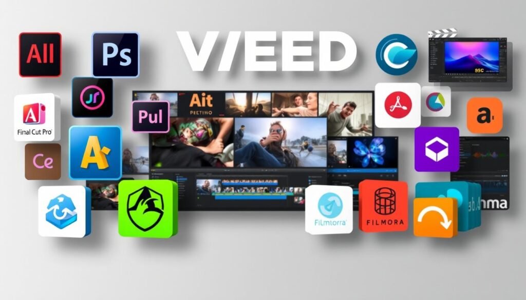 A vibrant digital collage showcasing various video editing software and apps, arranged in a dynamic, eye-catching layout. The foreground features prominent icons and logos of popular alternatives to VEED, such as Adobe Premiere, Final Cut Pro, DaVinci Resolve, and Filmora. The middle ground depicts a montage of user interfaces, editing tools, and workflow elements, capturing the diverse capabilities of these video editing solutions. The background is a subtle gradient or texture, providing a clean and professional backdrop to highlight the featured products. The overall composition conveys a sense of creativity, productivity, and the wealth of options available for video editing enthusiasts and professionals. A vibrant digital collage showcasing various video editing software and apps, arranged in a dynamic, eye-catching layout. The foreground features prominent icons and logos of popular alternatives to VEED, such as Adobe Premiere, Final Cut Pro, DaVinci Resolve, and Filmora. The middle ground depicts a montage of user interfaces, editing tools, and workflow elements, capturing the diverse capabilities of these video editing solutions. The background is a subtle gradient or texture, providing a clean and professional backdrop to highlight the featured products. The overall composition conveys a sense of creativity, productivity, and the wealth of options available for video editing enthusiasts and professionals.