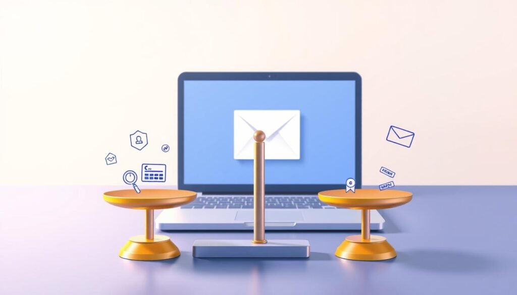 A vibrant digital illustration showcasing the pros and cons of email, with a clean, minimalist layout. In the foreground, a pair of balanced scales, one side weighted with positive icons like security, organization, and instant communication, the other with negative elements like spam, privacy concerns, and information overload. The midground features a stylized laptop screen, displaying a simple email interface. The background is a serene gradient, allowing the key elements to take center stage. Soft lighting from the top left casts subtle shadows, creating depth and dimension. The overall tone is one of thoughtful analysis, encouraging the viewer to weigh the merits of email technology.