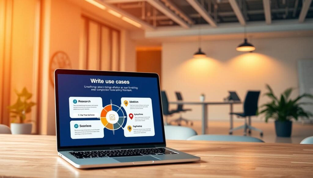 A vibrant digital workspace showcasing the versatile applications of Writecream's content creation tools. In the foreground, a laptop displays a visually striking infographic highlighting key use cases - from research and ideation to seamless content generation and optimization. The middle ground features a stylized writing implement, symbolizing the creative power at one's fingertips. The background scene depicts a modern, minimalist office setting, conveying a sense of productivity and innovation. Warm, focused lighting accentuates the scene, creating a professional, aspirational atmosphere. The overall composition conveys the efficiency, creativity, and sophisticated capabilities of Writecream's advanced writing tools.
