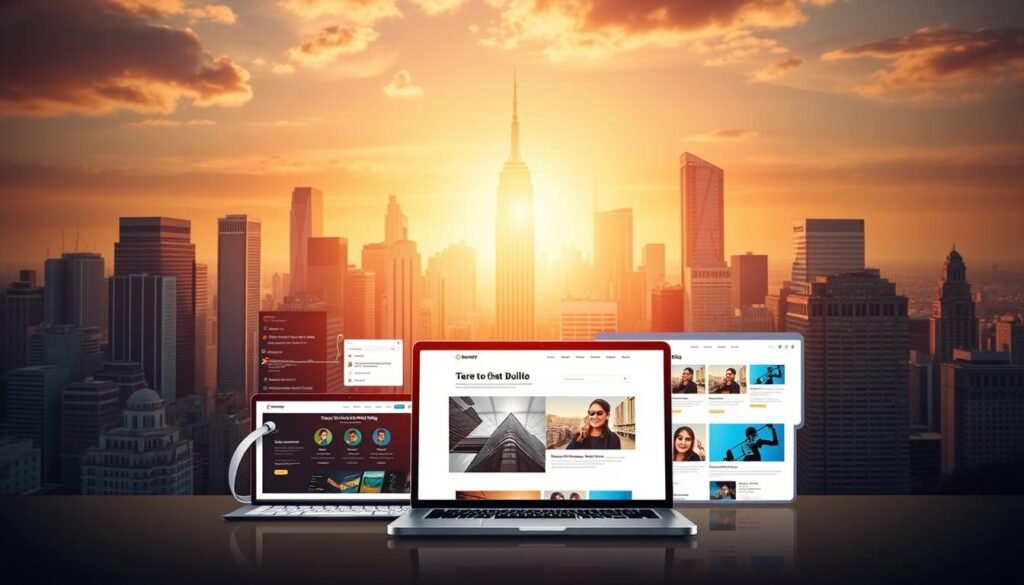 A vibrant, dynamic composition showcasing alternative web design solutions. In the foreground, a sleek, responsive website template with a modern, minimalist layout and eye-catching visuals. In the middle ground, a variety of web development tools and platforms, including user-friendly website builders, content management systems, and code editors. The background features a cityscape of skyscrapers, representing the bustling digital landscape. The lighting is warm and inviting, creating a sense of innovation and progress. The overall mood is one of technological advancement and the vast potential of web design alternatives to SitesGPT.com.