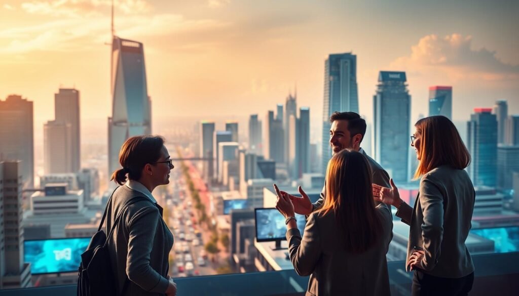 A vibrant, futuristic cityscape with towering skyscrapers and a bustling street below. In the foreground, a group of business professionals are engaged in a lively discussion, gesturing animatedly as they explore the benefits of workflow automation using Make.com. Soft, warm lighting illuminates their faces, conveying a sense of collaboration and productivity. In the middle ground, a sleek, minimalist office space showcases the seamless integration of technology, with computer screens and various digital tools. The background features a panoramic view of the city, with gleaming high-rises and a vibrant, dynamic energy, suggesting the widespread adoption of efficient, automated processes. The overall scene exudes a sense of progress, innovation, and the transformative power of workflow optimization.