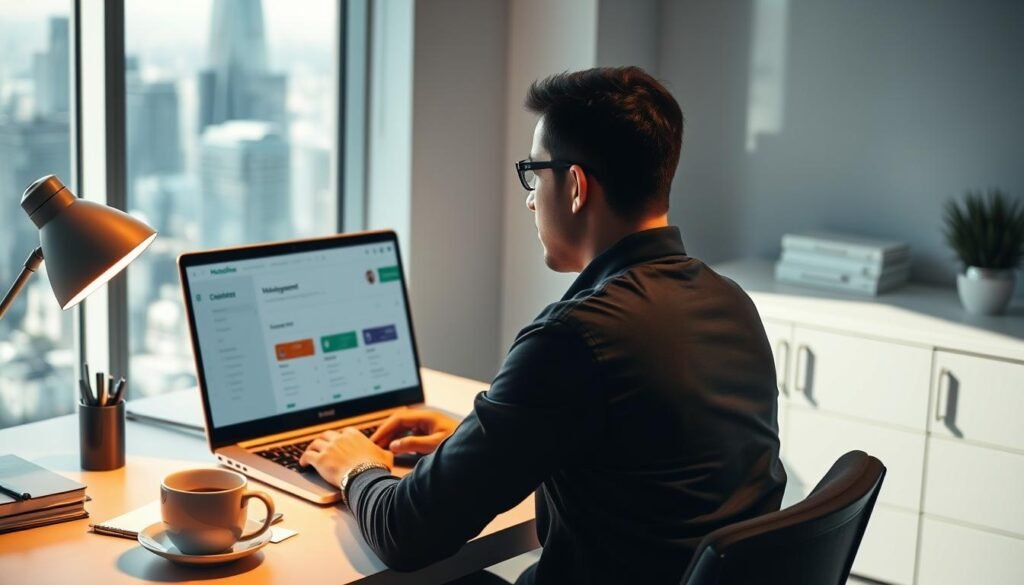 A vibrant, high-resolution image of a person sitting at a desk, intently focused on a laptop screen displaying the Nutshell.com sales management dashboard. The desk is neatly organized, with a coffee mug, a pen holder, and a few documents stacked neatly. Warm, directional lighting illuminates the scene, casting subtle shadows and highlighting the user's engaged expression. The background is a clean, modern office environment, with minimalist decor and large windows providing a view of a bustling city skyline. The overall atmosphere conveys a sense of productivity, efficiency, and the seamless integration of Nutshell.com's sales tools into the user's workflow.