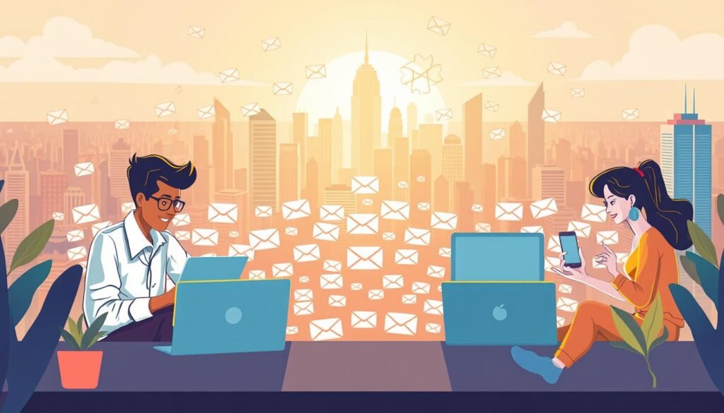 A vibrant illustration showcasing the power of small businesses leveraging email marketing. In the foreground, a diverse team of entrepreneurs enthusiastically crafting compelling campaigns on modern laptops. The middle ground depicts an array of stylized email icons, representing the reach and impact of their digital outreach. In the background, a bustling cityscape symbolizes the global scale of their operations, lit by warm, natural lighting that creates a sense of productivity and optimism. The overall composition conveys the synergy between small enterprises and the efficiency of email as a marketing tool, inspiring the viewer to explore Mail Blaze's secure email solutions.