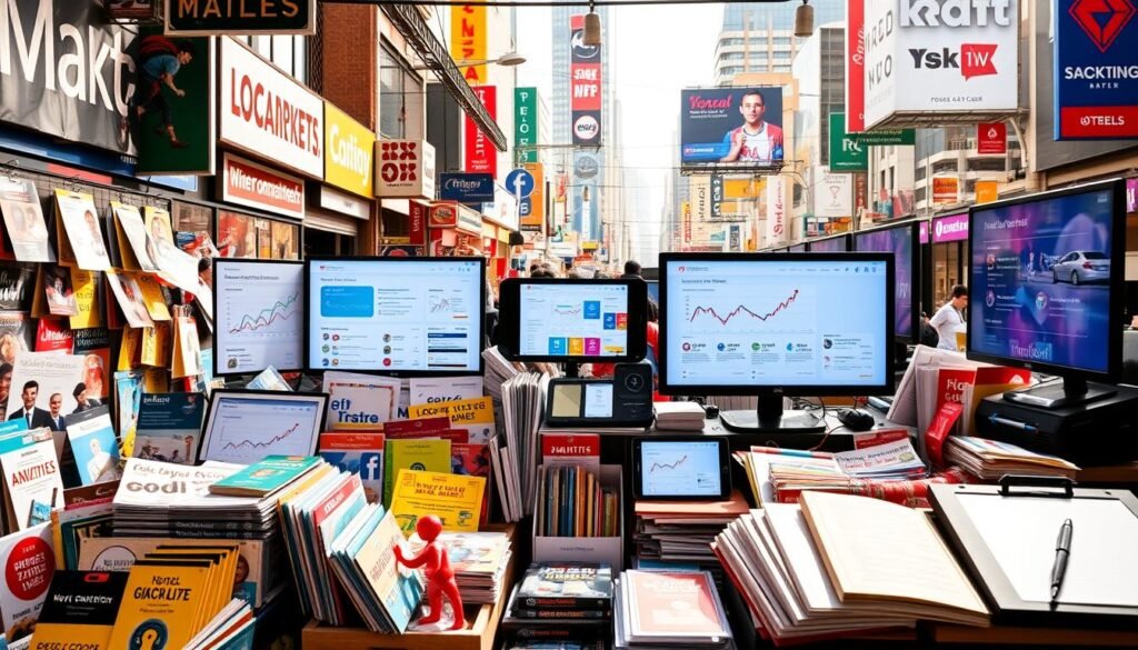A vibrant marketplace filled with an array of local marketing tools, from colorful flyers and brochures to digital devices and displays. In the foreground, a selection of tangible items like branded merchandise, signage, and promotional materials. In the middle, various digital screens showcasing analytics dashboards, social media platforms, and SEO optimization tools. In the background, a bustling cityscape with storefronts and billboards, reflecting the dynamic nature of local marketing. The scene is bathed in warm, natural lighting, conveying a sense of productivity and engagement within the local business community.