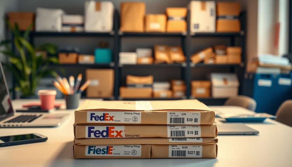 A vibrant, modern office setting with a prominent desk featuring a laptop, smartphone, and office supplies. In the foreground, a stack of shipping envelopes and boxes showcases discounted shipping rates from top carriers like FedEx, UPS, and USPS, displayed on the package labels. The middle ground depicts a background of shelves stocked with additional shipping materials, creating a sense of a well-equipped shipping hub. The lighting is warm and directional, casting subtle shadows and highlighting the key elements. The overall atmosphere conveys efficiency, organization, and the convenience of streamlined shipping solutions for a thriving business.
