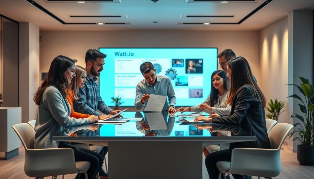 A vibrant office setting with a team of professionals collaborating around a sleek, minimalist desk. In the foreground, several colleagues are gathered, faces alight with focused discussion as they exchange ideas and review documents. The middle ground features a large, interactive display screen, its surface mirroring the collaborative flow of the team. Soft, warm lighting illuminates the scene, creating a productive and engaging atmosphere. The background showcases a modern, open-plan office space, with clean lines, muted tones, and strategic hints of greenery that evoke a sense of balance and tranquility. The overall composition conveys a harmonious and efficient team dynamic, reflecting the key features of the Wati.io business messaging platform.