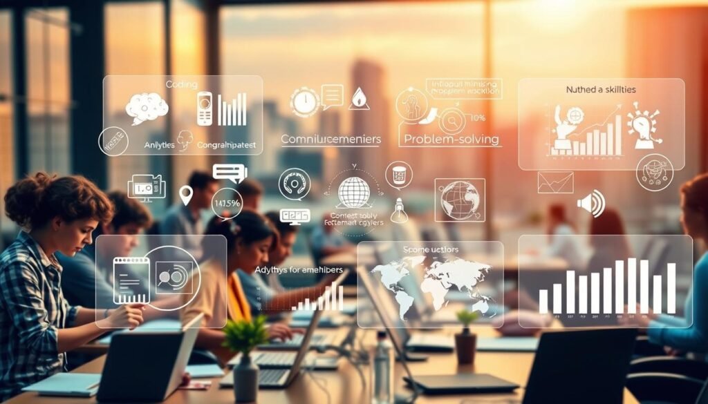 A vibrant, realistic scene depicting the key skills and competencies sought by employers in the modern job market. In the foreground, a diverse group of workers engage in various tasks - coding, presenting, collaborating, and analyzing data. The middle ground showcases dynamic infographic visualizations highlighting in-demand abilities such as critical thinking, communication, problem-solving, and adaptability. The background features a blurred cityscape, symbolizing the fast-paced, technology-driven economy. Warm lighting creates an aspirational, professional atmosphere, while a slightly elevated camera angle provides an empowering perspective. The overall composition conveys the multifaceted nature of skills required to thrive in today's competitive workforce.