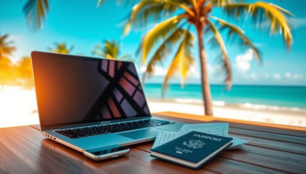 A vibrant, sun-drenched scene of a tropical beach with swaying palm trees in the background. In the foreground, a stylish laptop and smartphone rest on a wooden table, accompanied by various discount codes, vouchers, and a passport - all the essentials for a savvy traveler seeking the best deals. Warm lighting filters through, creating a sense of relaxation and excitement for the adventures to come. The overall atmosphere conveys the joy and convenience of booking travel with the help of strategic discounts and codes. A vibrant, sun-drenched scene of a tropical beach with swaying palm trees in the background. In the foreground, a stylish laptop and smartphone rest on a wooden table, accompanied by various discount codes, vouchers, and a passport - all the essentials for a savvy traveler seeking the best deals. Warm lighting filters through, creating a sense of relaxation and excitement for the adventures to come. The overall atmosphere conveys the joy and convenience of booking travel with the help of strategic discounts and codes.