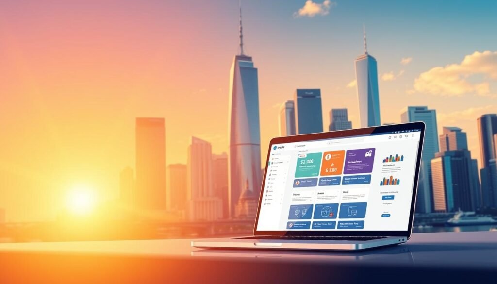 A vibrant, visually striking illustration showcasing the benefits of web design using Webydo. In the foreground, a dynamic web interface with clean, modern aesthetics and intuitive user experience. In the middle ground, a laptop displaying a Webydo dashboard, highlighting the platform's comprehensive tools and features. In the background, a cityscape with towering skyscrapers, symbolizing the global reach and impact of well-designed websites. The composition is bathed in warm, golden light, conveying a sense of professionalism, efficiency, and the transformative power of Webydo's web design solutions.