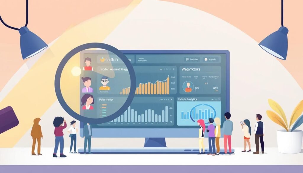 A visually compelling digital illustration showcasing the key benefits of using Snitcher for hidden visitor analysis on a website. The foreground features a stylized magnifying glass casting a warm spotlight on a group of diverse web visitor icons, each with distinct personalities and behaviors. In the middle ground, a sleek dashboard display reveals insightful analytics and data visualizations, conveying the depth of information Snitcher can provide. The background setting is a modern, minimalist workspace with clean lines and subtle gradients, creating a professional, technology-driven atmosphere. The overall composition should strike a balance between informative and aesthetically pleasing, guiding the viewer's attention to the core advantages of this visitor tracking solution.