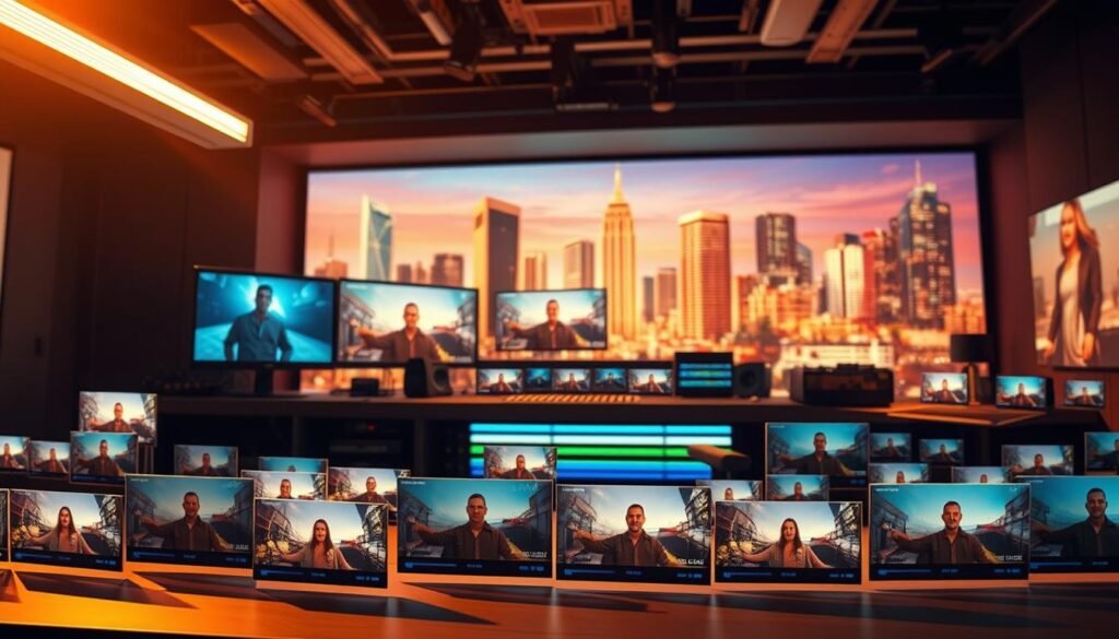 A visually engaging and dynamic illustration of the video production process. In the foreground, a montage of short, captivating video clips showcasing the transformation of lengthy footage into concise, attention-grabbing content. The middle ground features a stylized video editing suite, with sleek interfaces and intuitive tools. In the background, a vibrant, modern cityscape sets the stage, hinting at the professional, high-quality nature of the Munch video studio's work. Lighting is warm and cinematic, creating a sense of energy and creativity. The composition is balanced, drawing the viewer's eye through the layers of the image to appreciate the seamless video production workflow.