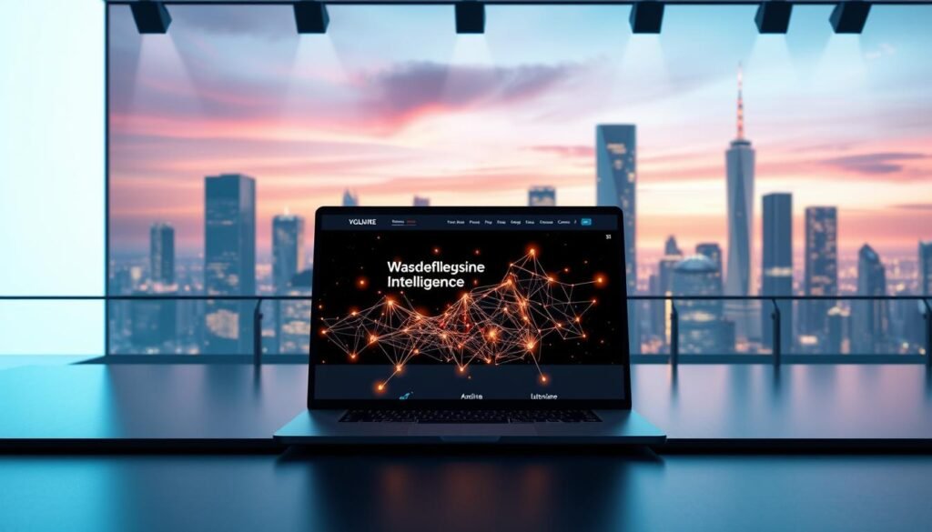 A visually striking and futuristic artificial intelligence-powered website creation platform. In the foreground, a sleek and modern interface with intuitive design tools and AI-driven features. In the middle ground, a 3D rendered model of a website being dynamically generated, with glowing nodes and connections representing the AI's inner workings. The background features a minimalist cityscape, with glowing skyscrapers and a vibrant, neon-tinged sky, conveying a sense of technological advancement and innovation. The lighting is a mix of cool, directional spotlights and warm, ambient illumination, creating depth and drama. The overall mood is one of futuristic elegance, where cutting-edge AI seamlessly empowers effortless website creation.